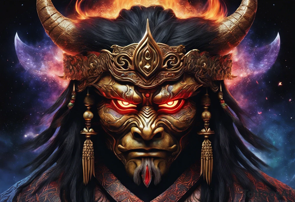 A majestic demon king face with devilish features placed above torii gate is depicted in this realism image. The king's deep-set glowing galaxy-styled large eyes give off an aura of power and mystery. The king's head is acting as dreamcatcher and has braids styled like predator, with 2-3 ending with flame-styled feathers. The king's face is intricately dotted in narsimha/ rudra symbols. The head has a crown shaped blue and orangish flames with intricate and prominent koru maori symbols in the shape of trishul/ trident. The image is filled with vibrant colors, with lot of deep blue, deep purple, and violet, with streaks of bright orange and yellow. This face bust (only face) is atop of a torii gate which is in a brush stroke style, somewhat visible. The king looks regal and powerful. tattoo idea