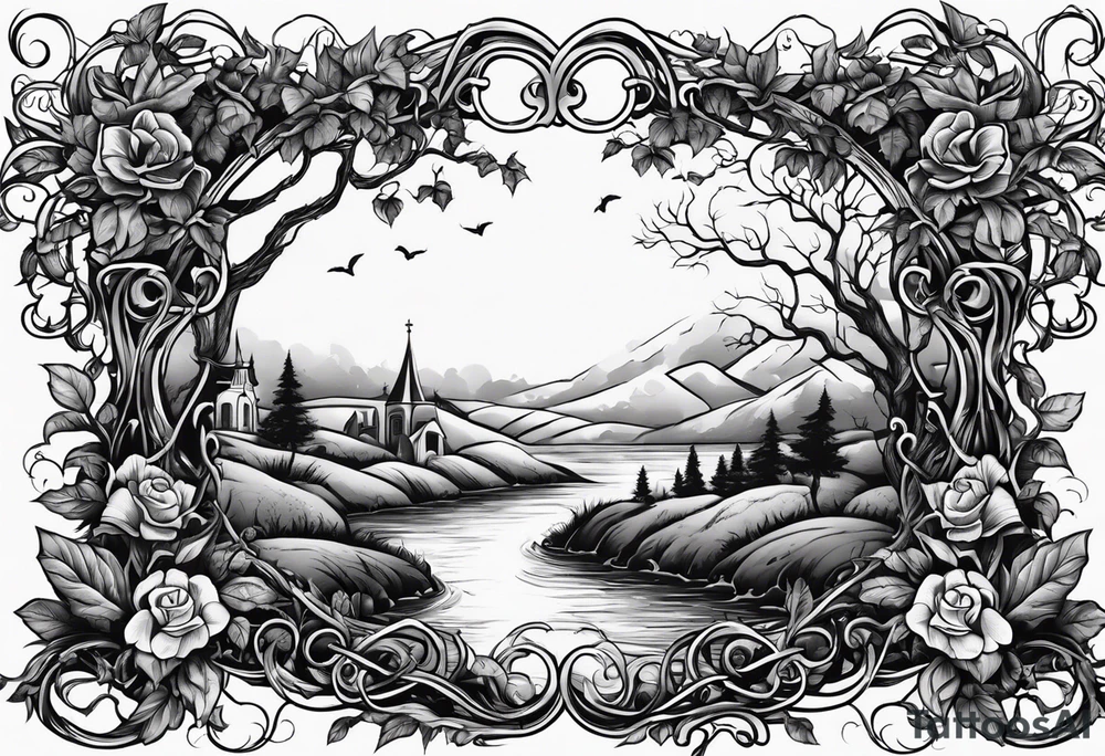 Leafy vines with grave yard tattoo idea