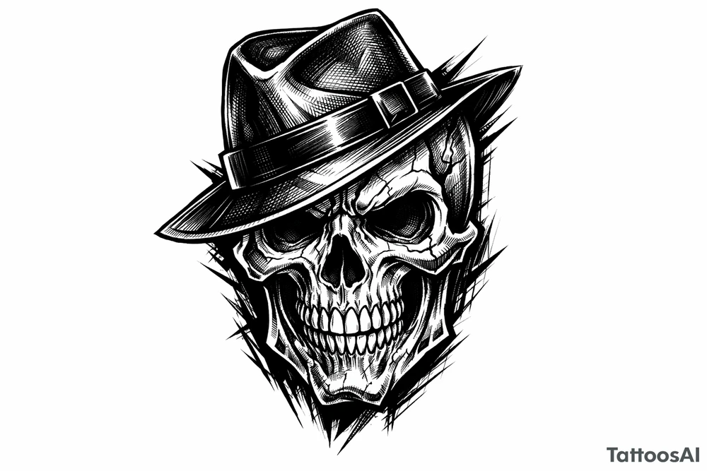 A stylized skull with a tilted gangster hat, bold lines, vibrant colors. tattoo idea