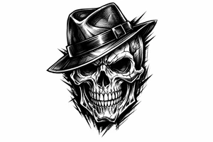 A stylized skull with a tilted gangster hat, bold lines, vibrant colors. tattoo idea