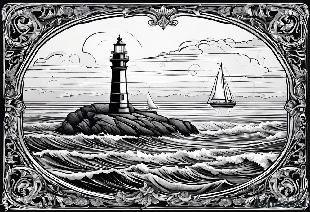 voilier vue de face. phare maritime fixé au centre du voilier et utilisé comme un mat pour les voiles. tattoo idea