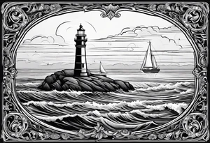 voilier vue de face. phare maritime fixé au centre du voilier et utilisé comme un mat pour les voiles. tattoo idea