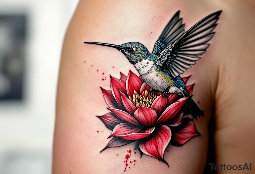 a hummingbird drinking from an egyptian lotus (red and black) tattoo idea