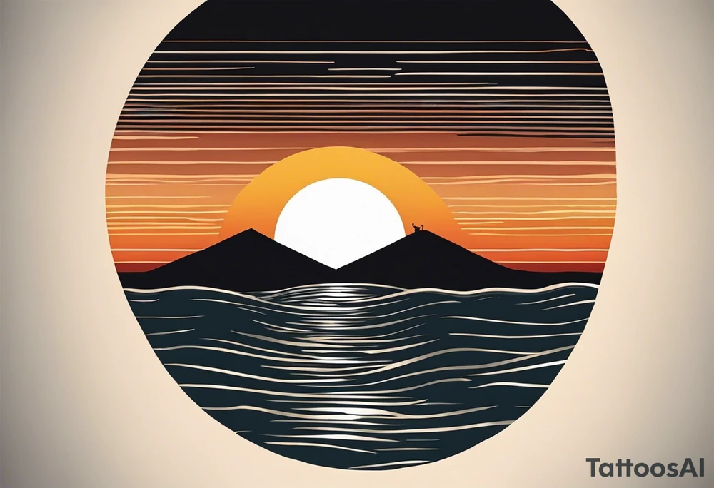 Sunset from the perspective of being on a boat on the ocean. The waves are very calm and there is no land in site. There are slight reflections of the sun on the water. The tattoo will be in landscape orientation on the forearm, rought 3 inches wide and 2 inches tall. The style is incredibly minimal and simple. Mostly black with small splashes of color from the sun. There are no other objects in the tattoo besides the sun, water, and maybe some clouds and a bird or two, tattoo idea