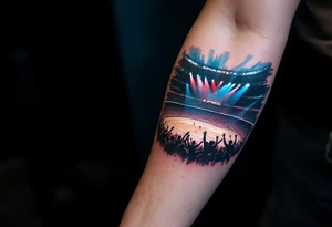A forearm piece showing the HC Sparta arena lit in blue and red lights, with roaring crowd silhouettes. tattoo idea
