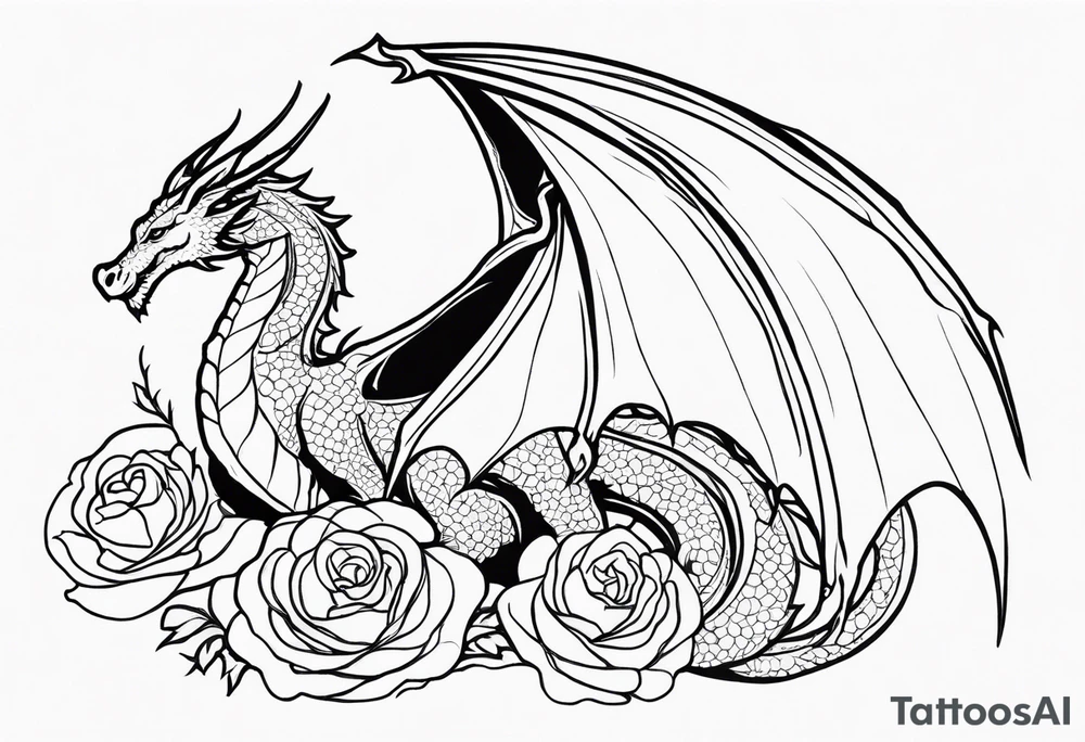 I need a fluid single line vertical drawing of a winged western style dragon whose body is wrapped around a poppy rose. The dragon should be a western dragon and the drawing should be drawn as if the pencil never left the page. It needs to fit on a biceps as a tattoo and the image symbolizes a father protecting his child. tattoo idea