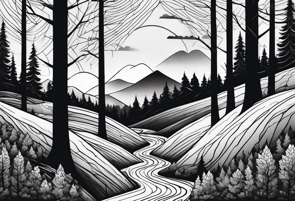 forest along the edges where there are fires below and in the distance with full trees tattoo idea