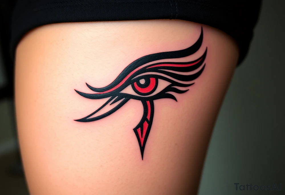 A tribal-style Eye of Horus, with bold black ink and subtle red highlights, inspired by ancient warrior markings tattoo idea
