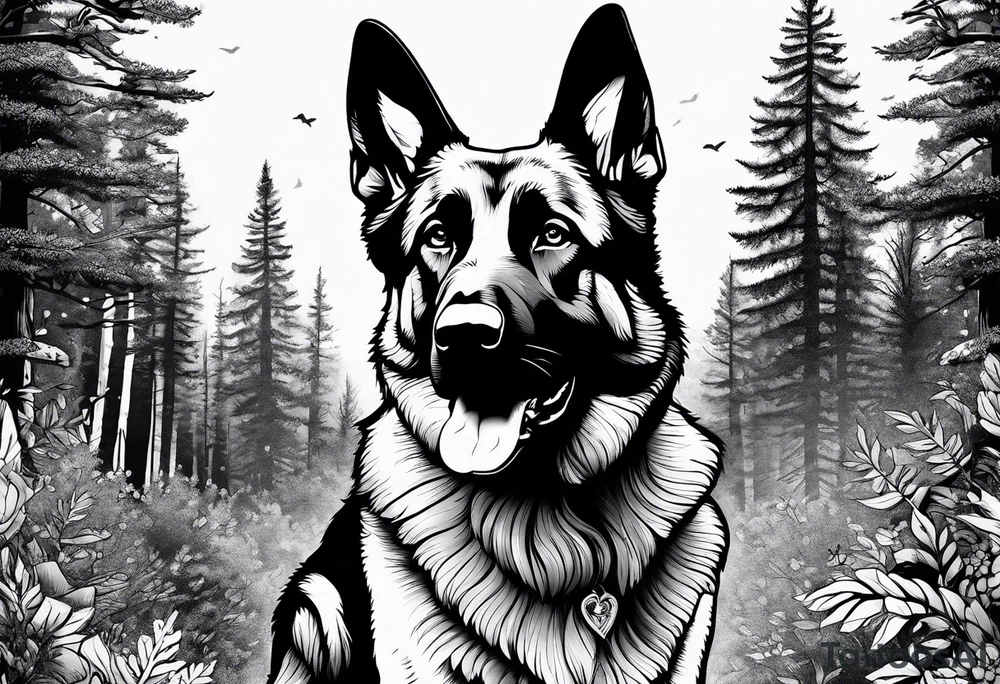 German shepherd dog walking in a forest tattoo idea