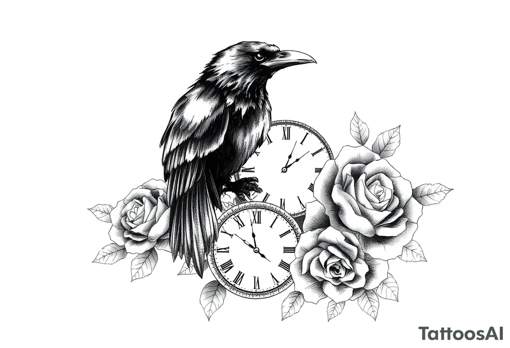 raven,roses,clock. tattoo idea