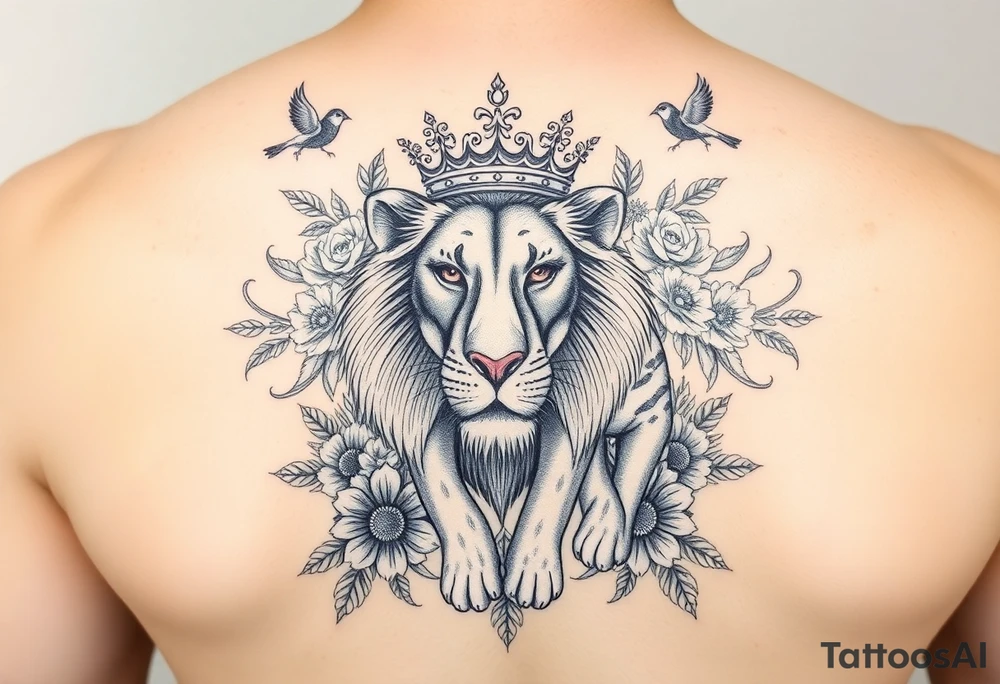 powerful majestic lion and cub with a crown, surrounded by floral ornaments and birds tattoo idea