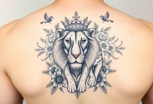 powerful majestic lion and cub with a crown, surrounded by floral ornaments and birds tattoo idea