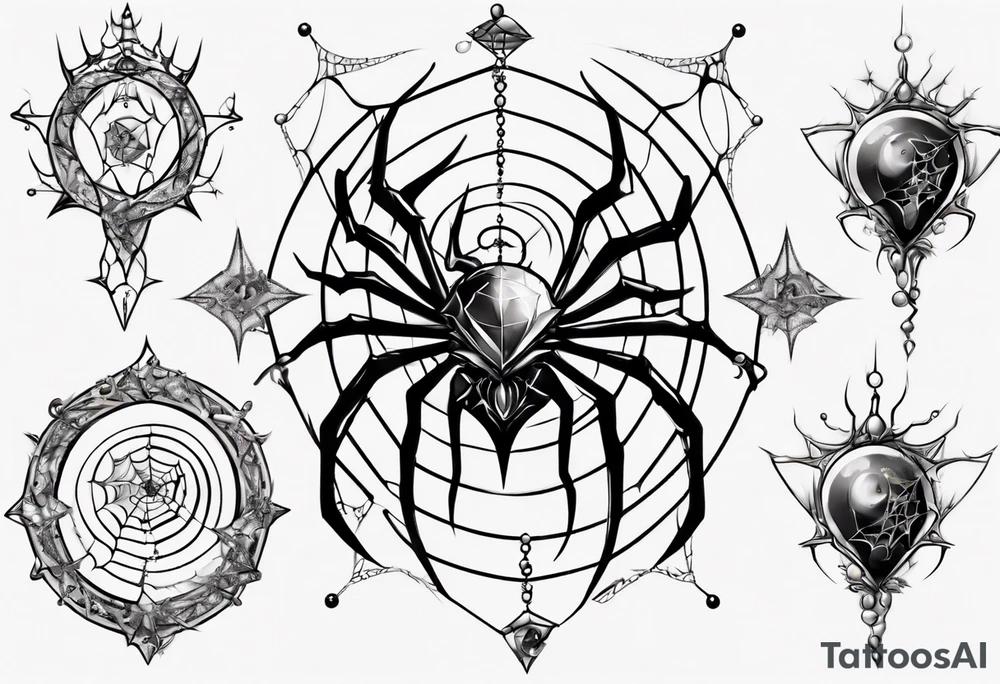 Spider in a spiral spiderweb with jewels and shattered chalices and spiral unicorn horn. tattoo idea
