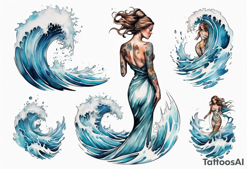 a glass statue of a woman standing in crashing waves tattoo idea