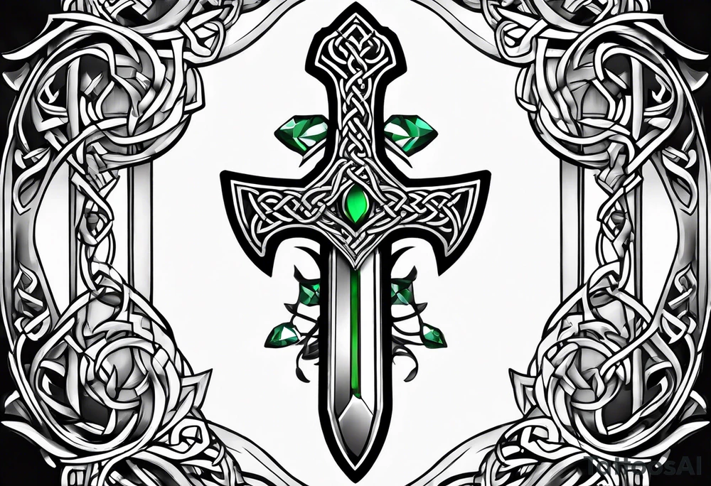 A Celtic dagger with an oak hilt turned upright and emerald gemstones on it tattoo idea