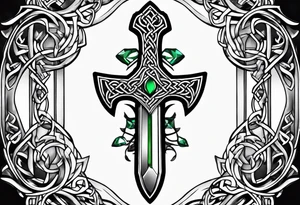 A Celtic dagger with an oak hilt turned upright and emerald gemstones on it tattoo idea