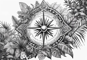 arm sleeve tattoo with the solar cross surrounded by jungle plants tattoo idea