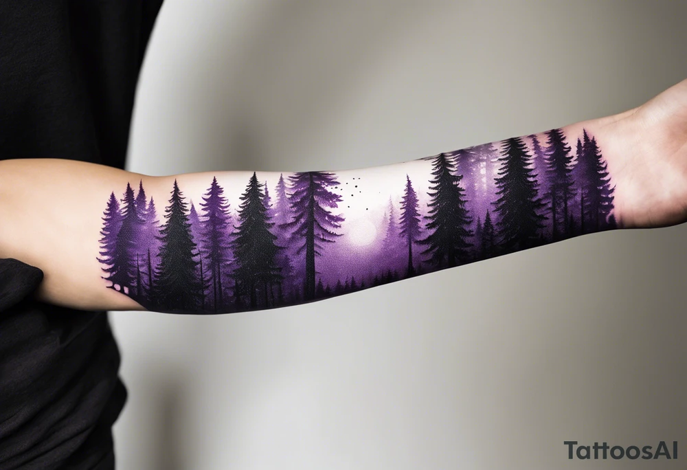 forest, purple and black, covered from wrist to forearm, fully covered, no borders, blackwork tattoo idea