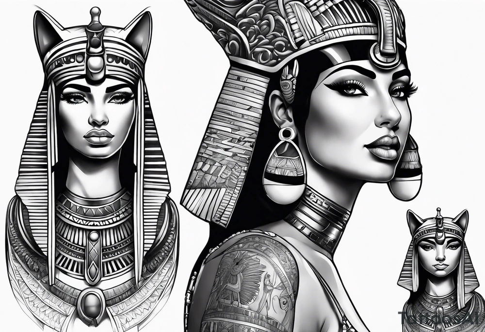 Sleeve with cleopatra, Horus and a Egyptian cat tattoo idea