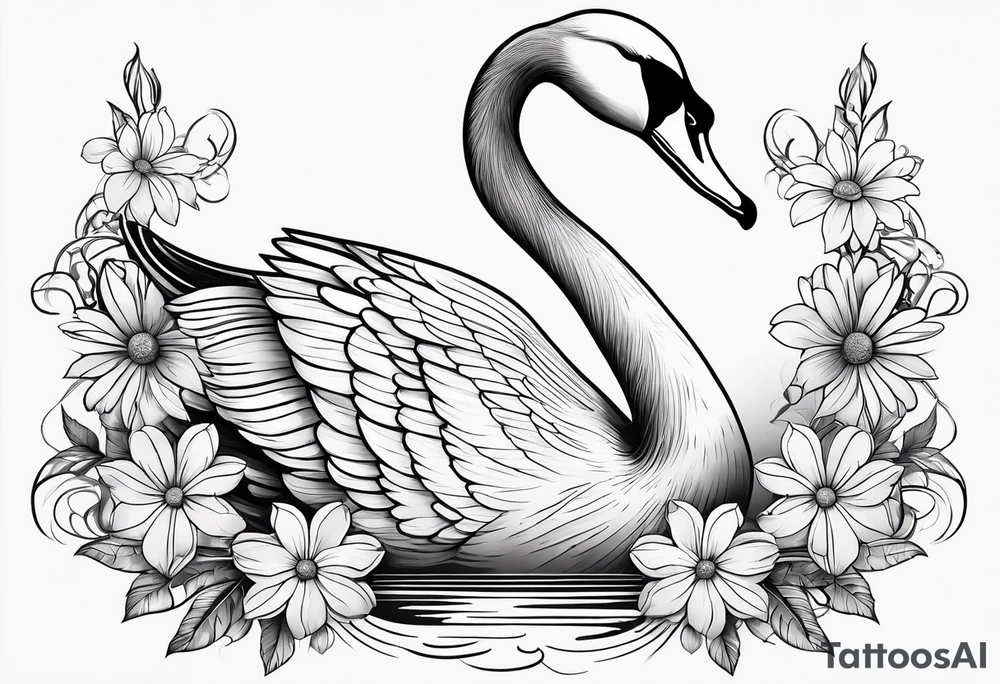 Line work swan with daisy flower tattoo idea