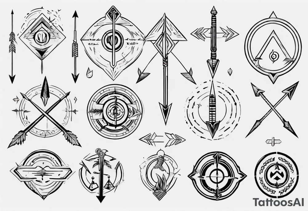 Arrow including symbols for temperance wisdom courage justice tattoo idea