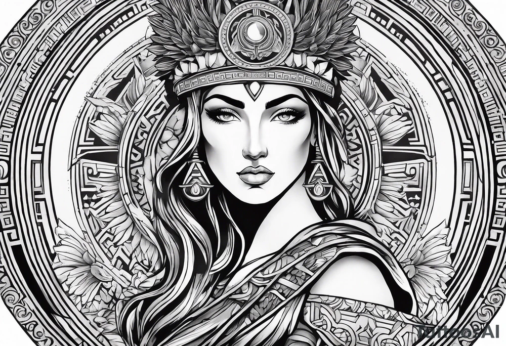 A full tattoo sleeve inspired by Greek mythology, centered around the Greek goddess Athena. Athena is portrayed with a strong, commanding presence, symbolizing wisdom, strength, and warfare. The design emphasizes bold, clean lines with a focus on sharp contrasts, creating a powerful and dynamic visual impact. Surrounding Athena, incorporate a mandala effect with geometric patterns that evoke a sense of order and strategy, reflecting her role as a warrior goddess. The sleeve also features masculine elements such as a fierce owl with piercing eyes, an ornate warrior’s helmet, and olive branches intertwined with Spartan-style armor, all seamlessly integrated into the design. The overall aesthetic is strong, rugged, and heroic, capturing the essence of Athena’s wisdom and martial prowess in a way that resonates with a masculine energy. tattoo idea