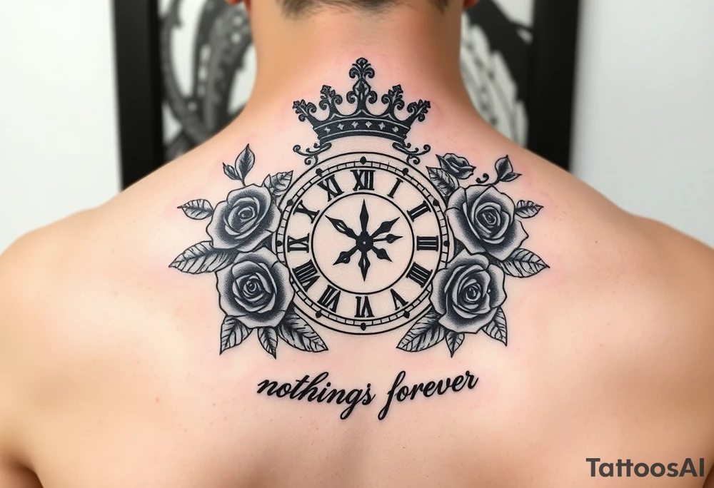 Roman clock with a crown, surrounded by 3 roses and a quote that says nothings forever tattoo idea