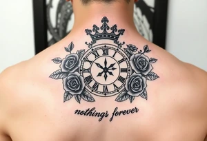 Roman clock with a crown, surrounded by 3 roses and a quote that says nothings forever tattoo idea