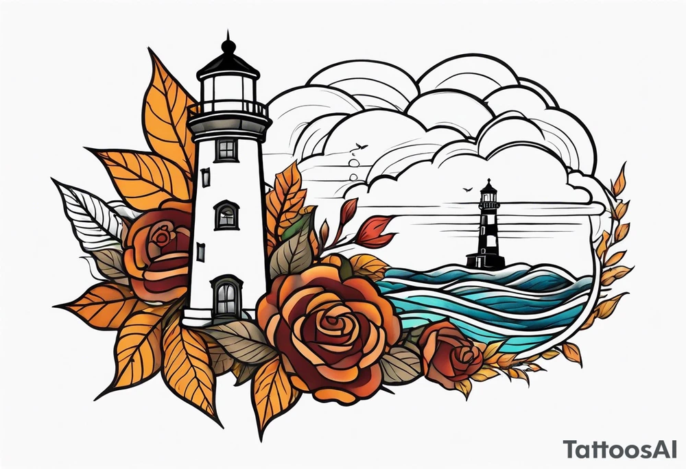 thigh tattoo in fall colors, showing lighthouse, water flow around rocks, sky, clouds, leaves, roses and no trees tattoo idea