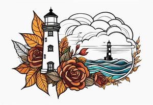 thigh tattoo in fall colors, showing lighthouse, water flow around rocks, sky, clouds, leaves, roses and no trees tattoo idea