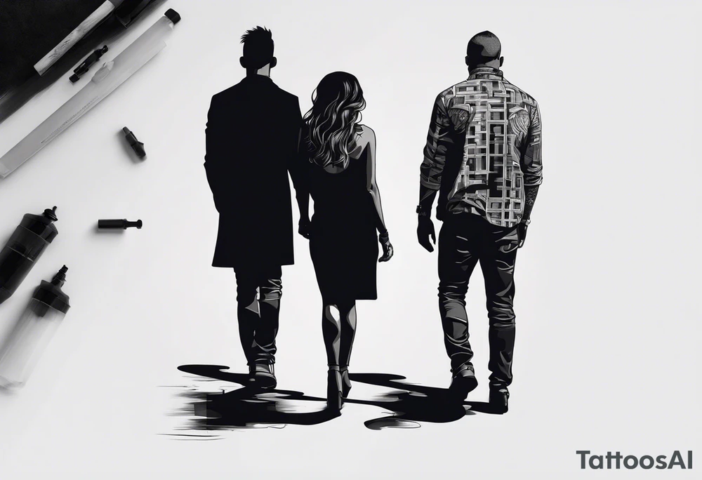2 Black shadows of people standing over 2 black shadows of dead people tattoo idea