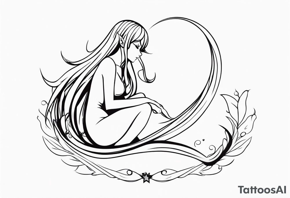 A fairy with a tail inspired by the logo of the show called Fairy Tail in a fetal position leaning in tattoo idea