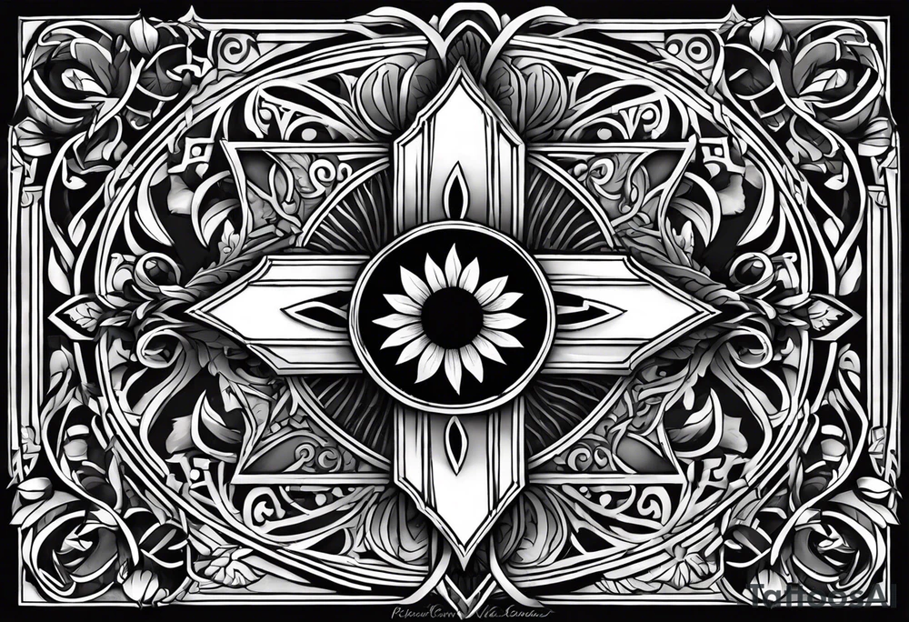 A cross with my family’s names on it names are Peter Lori Kyle and peter around Peter’s  name put a motercycle and a bear around loris name put a sunflower and a heart and around Kyle’s name put a baseball and electricity tattoo idea