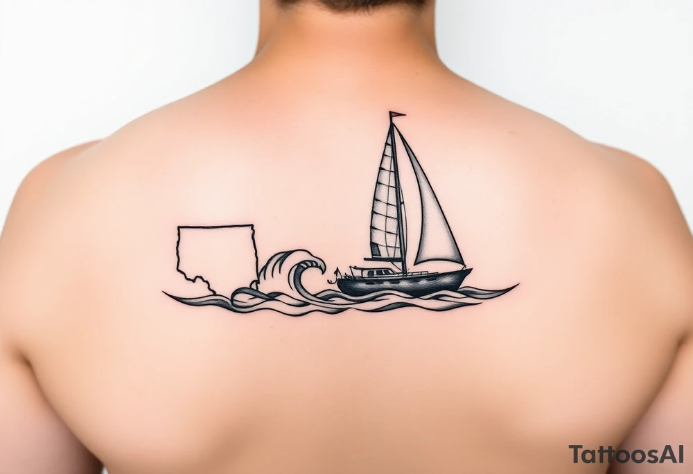 State Silhouettes: Waves forming the shapes of Texas, Connecticut, and Washington state, indicating the places you’ve called home.
	•	Navy Emblem: A subtle Navy insignia on the sail, honoring your spouse’s service.
	•	Cosmetology Symbols: Incorporate a comb and scissors subtly into the boat’s rigging or hull design. tattoo idea
