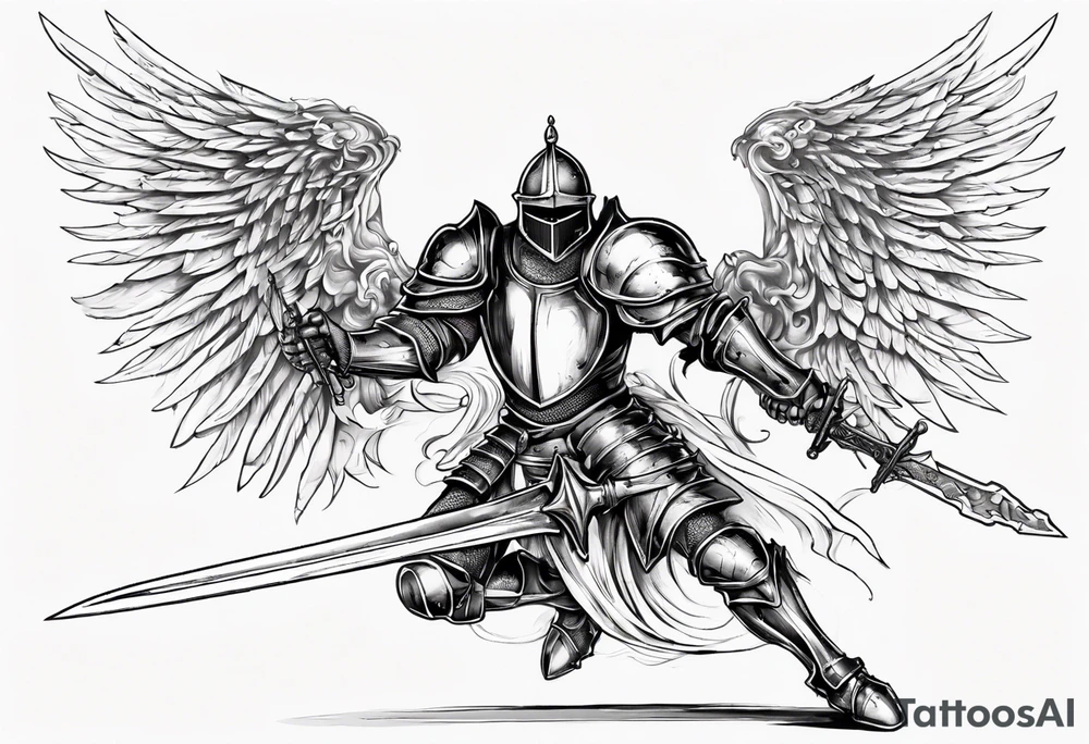 A Winged Paladin Knight in mid-air with his sword about to attack. tattoo idea