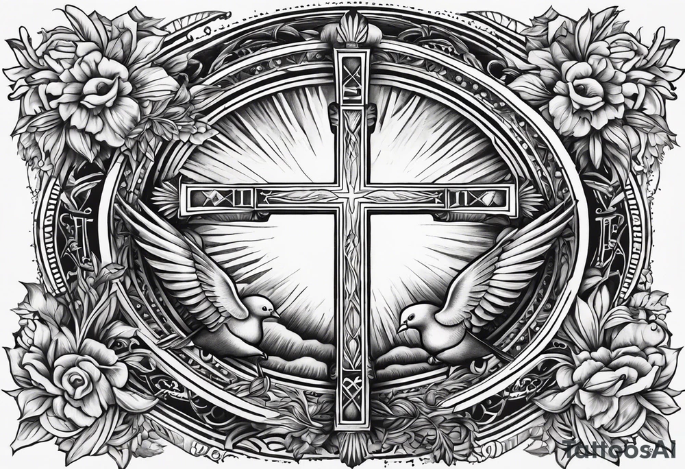 A Cross with doves in the rays of sun with the date 08/21/2024 in Roman numerals in it tattoo idea