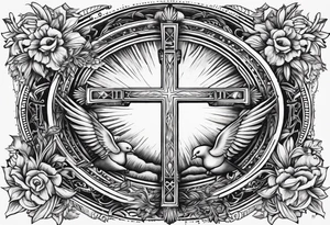 A Cross with doves in the rays of sun with the date 08/21/2024 in Roman numerals in it tattoo idea