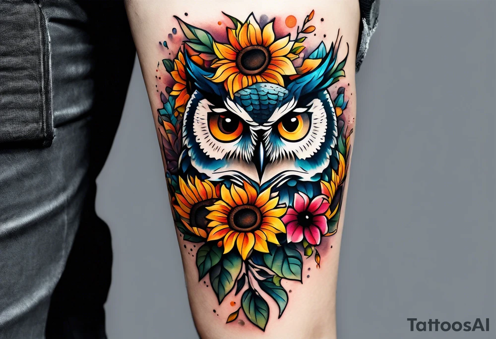 Leg sleeve with colorful sunflowers and an owl tattoo idea