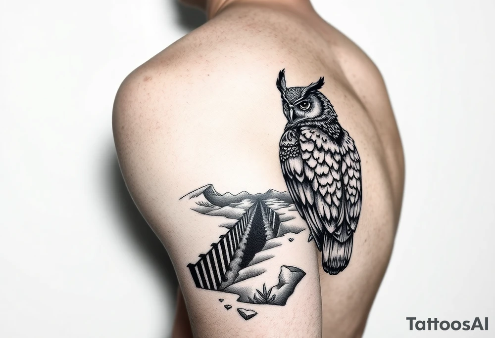 Masked owl overlooking a trench with waves in the background for the arm tattoo idea