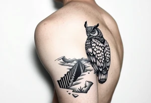 Masked owl overlooking a trench with waves in the background for the arm tattoo idea