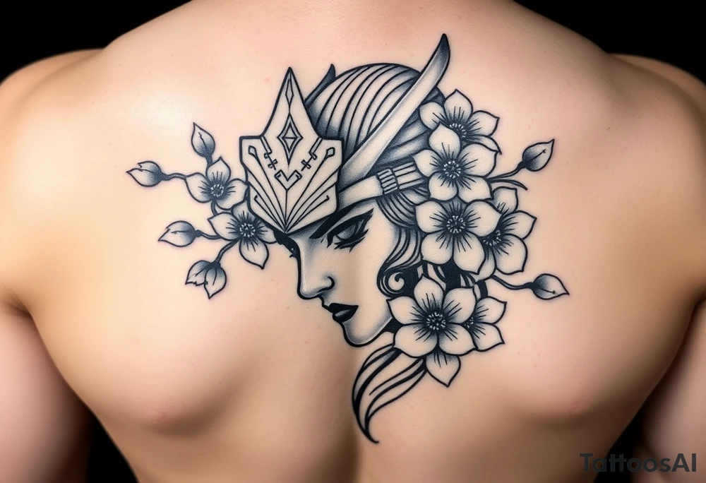 Samurai women warrior face
 with a with cherry blossom with wind lotuses tattoo idea