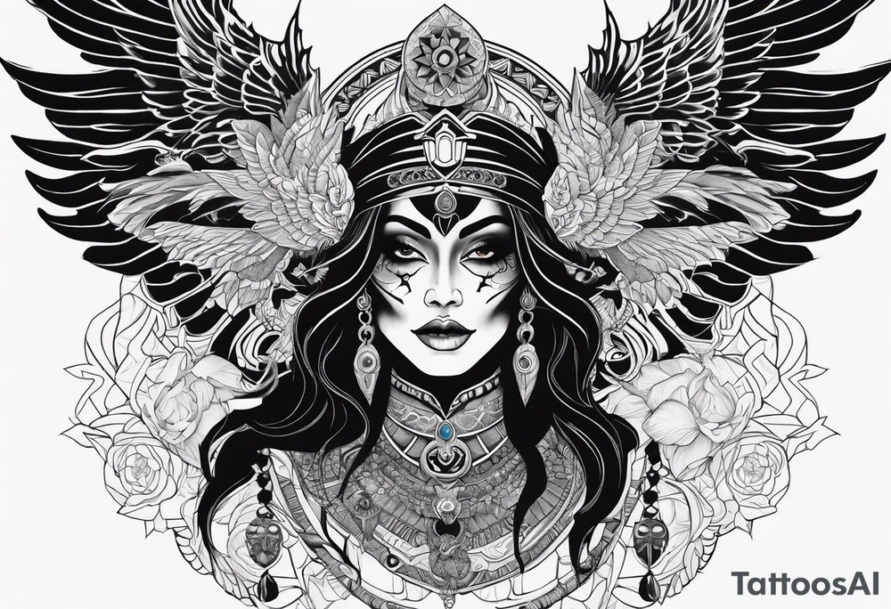 black kali, goddess pirate, alien, pachamama, valkrye, warrior, skull, lotus azul, wing, eagle, zenza resonance, stars, 5D, anahata chakra tattoo idea