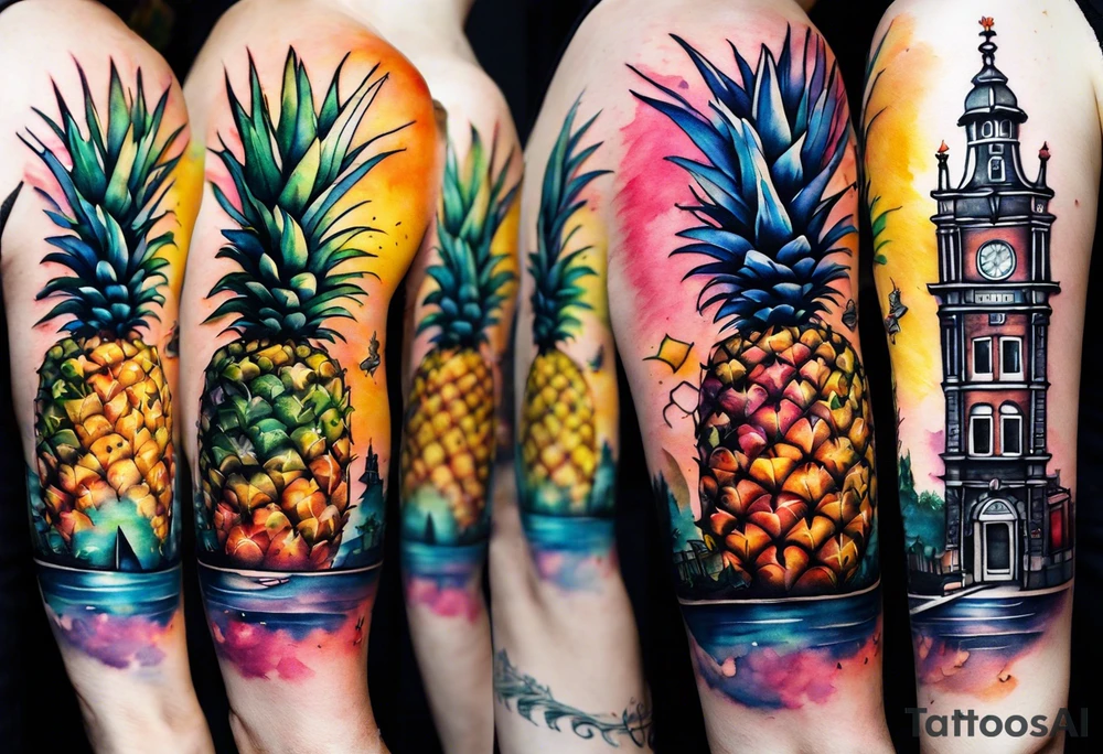 Watercolour tattoo featuring glass, animals in sections of pineapple, pineapples, space and Amsterdam houses, Amsterdam canal using galaxy colours featuring animals and birds, pineapples tattoo idea