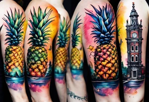 Watercolour tattoo featuring glass, animals in sections of pineapple, pineapples, space and Amsterdam houses, Amsterdam canal using galaxy colours featuring animals and birds, pineapples tattoo idea