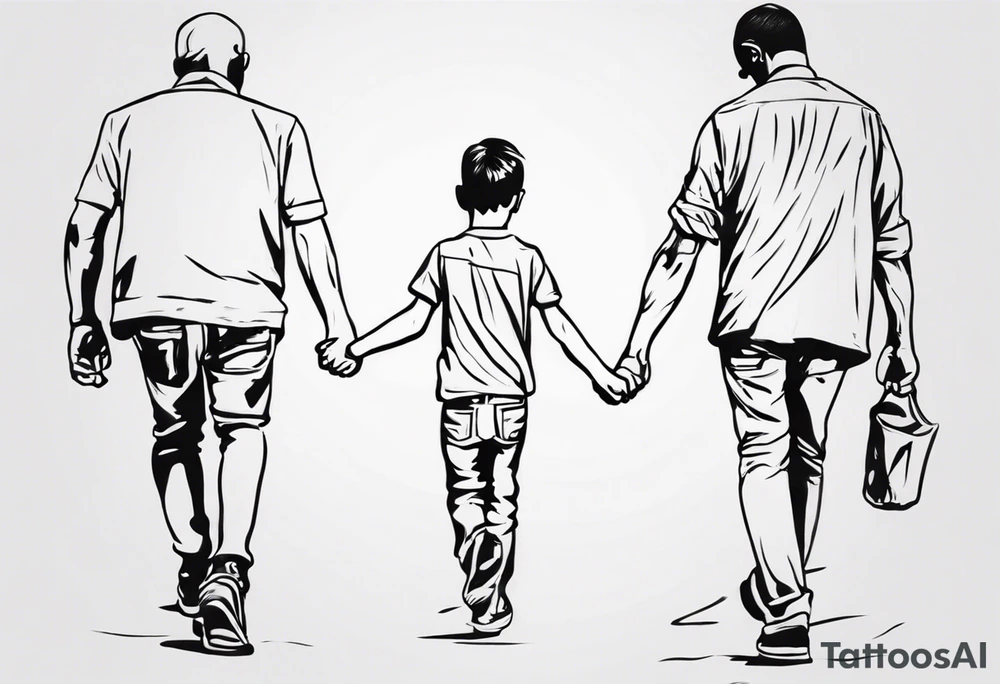 father and son walk away holding hands, just a contour tattoo idea