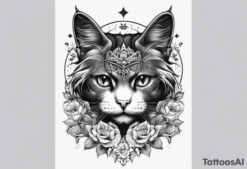 cat with empty eyes with paws above a skull tattoo idea