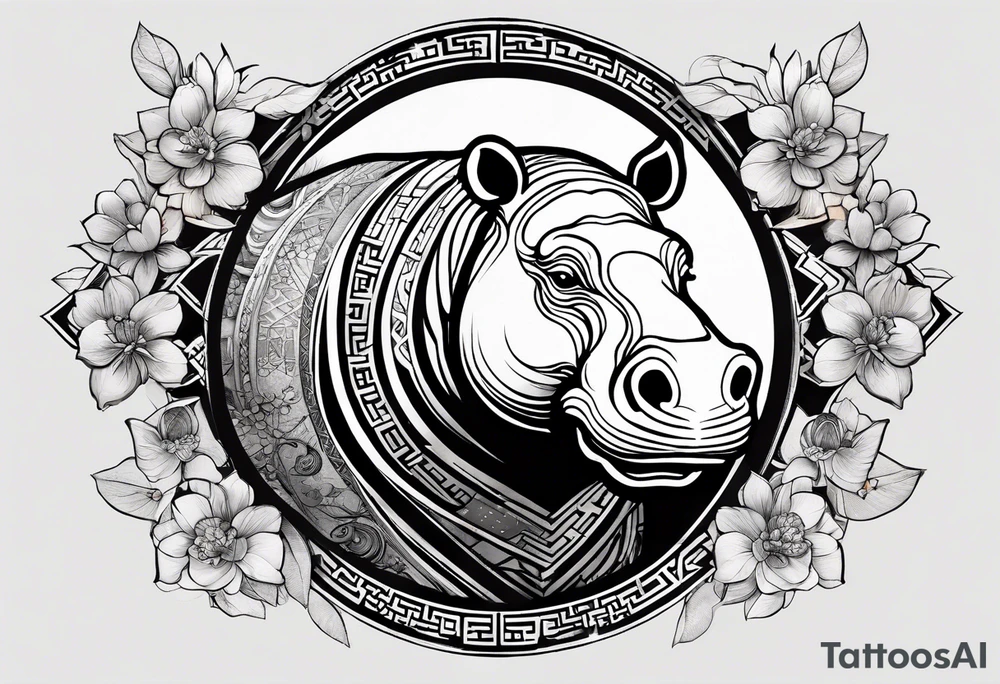 Very asymmetrical, +geometric pattern, with realistic full moon, with serious looking hippo, +zen feel, + Buddhism touch, +tribal, +geometric, +chinese inkart 
with wintersweet flower bud, +portrait orientation, +inkart touch, tattoo idea