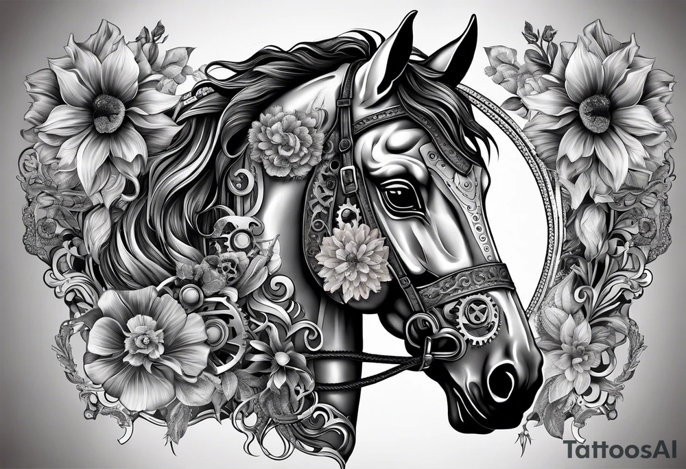 A horse head made fully out of gears. The horse's mane is made out of flowers tattoo idea