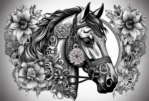 A horse head made fully out of gears. The horse's mane is made out of flowers tattoo idea