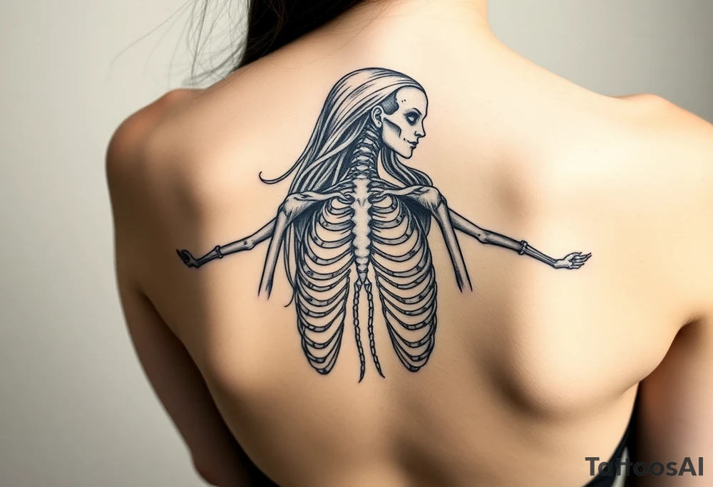 Gothic siren with skeletal portions showing tattoo idea